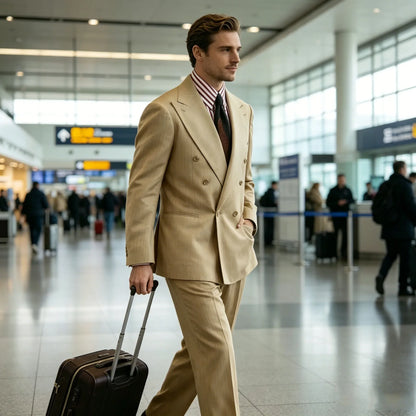 Men's Khaki Suit 2 Piece Set Double Breasted Peak Lapel Blazer Straight Leg Pants Fashion Formal Outfit Business Casual Wedding