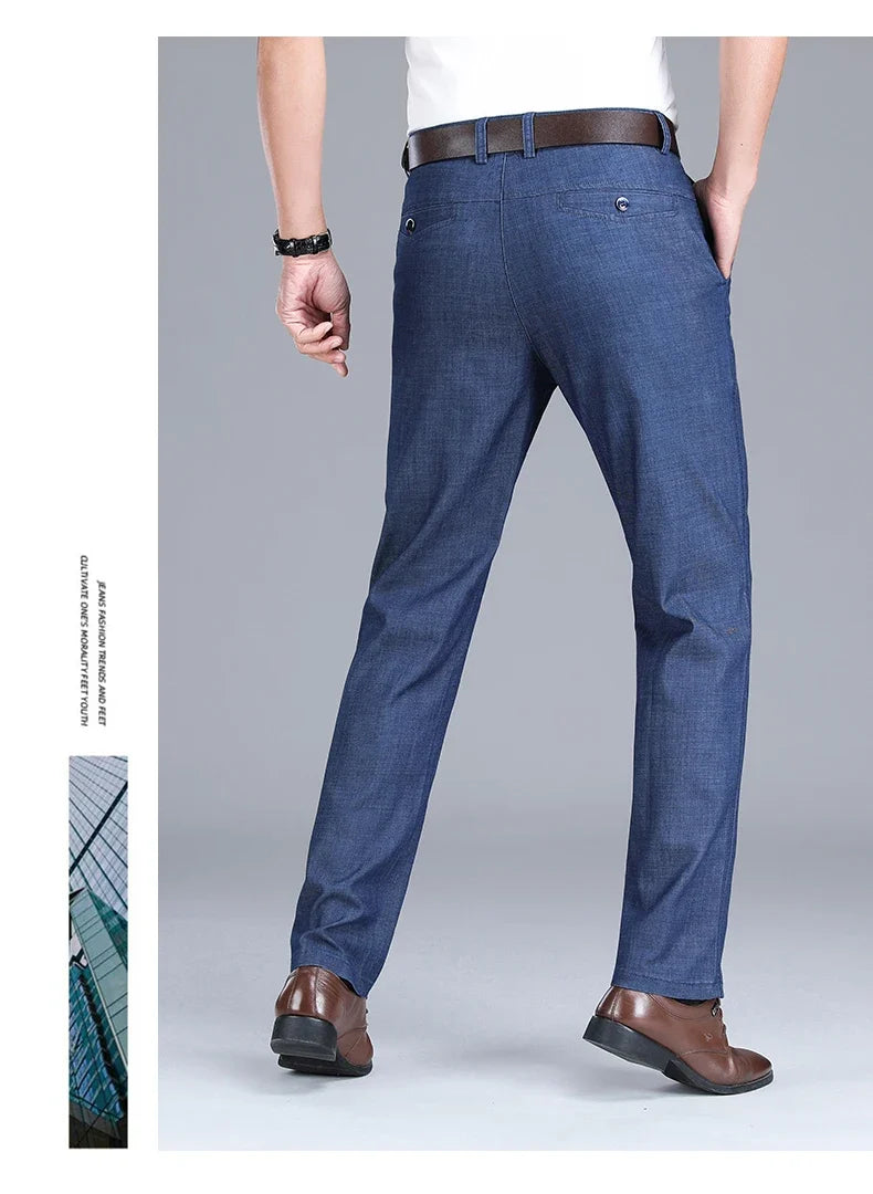 Fabric 2026  Spring Summer Men's Black Thin Straight Jeans Classic Style Business Fashion Stretch Loose Jeans Male Brand