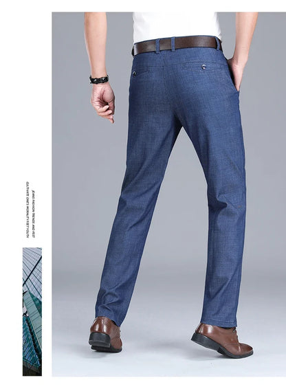 Fabric 2026  Spring Summer Men's Black Thin Straight Jeans Classic Style Business Fashion Stretch Loose Jeans Male Brand