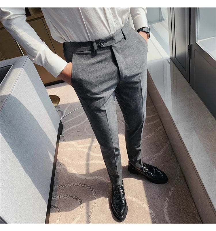 2026 High Quality Men's Plaid Striped Suit Pants Fashion Business Slim Fit Casual Straight Pants Formal Wedding Party Trousers