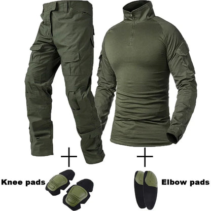 Outdoor Tactical Uniform Military Camo Hiking Training Shirts Workwear Cargo Pants+Pads Airsoft Paintball Hunting Clothes Sets