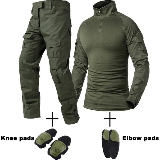 Outdoor Tactical Uniform Military Camo Hiking Training Shirts Workwear Cargo Pants+Pads Airsoft Paintball Hunting Clothes Sets