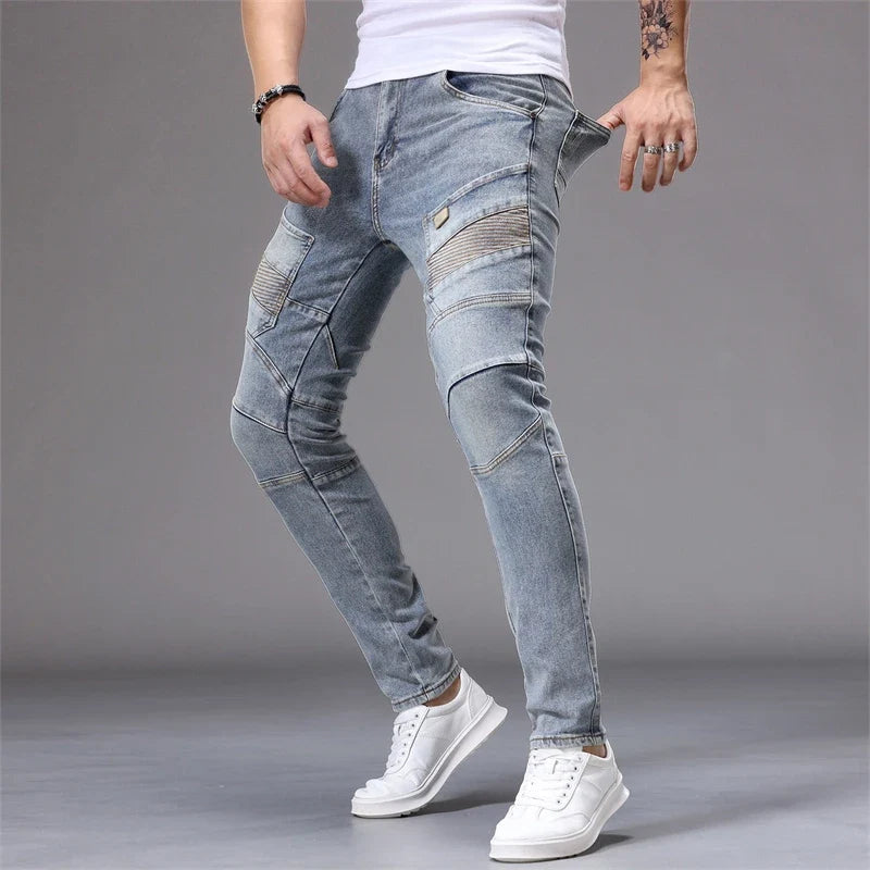Men's Patchwork Skinny Ripped Jeans Fashion Trousers Elastic Slim Hole Biker Denim Pants Hip-hop Rock American Streetwear