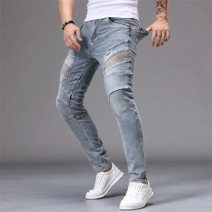 Men's Patchwork Skinny Ripped Jeans Fashion Trousers Elastic Slim Hole Biker Denim Pants Hip-hop Rock American Streetwear