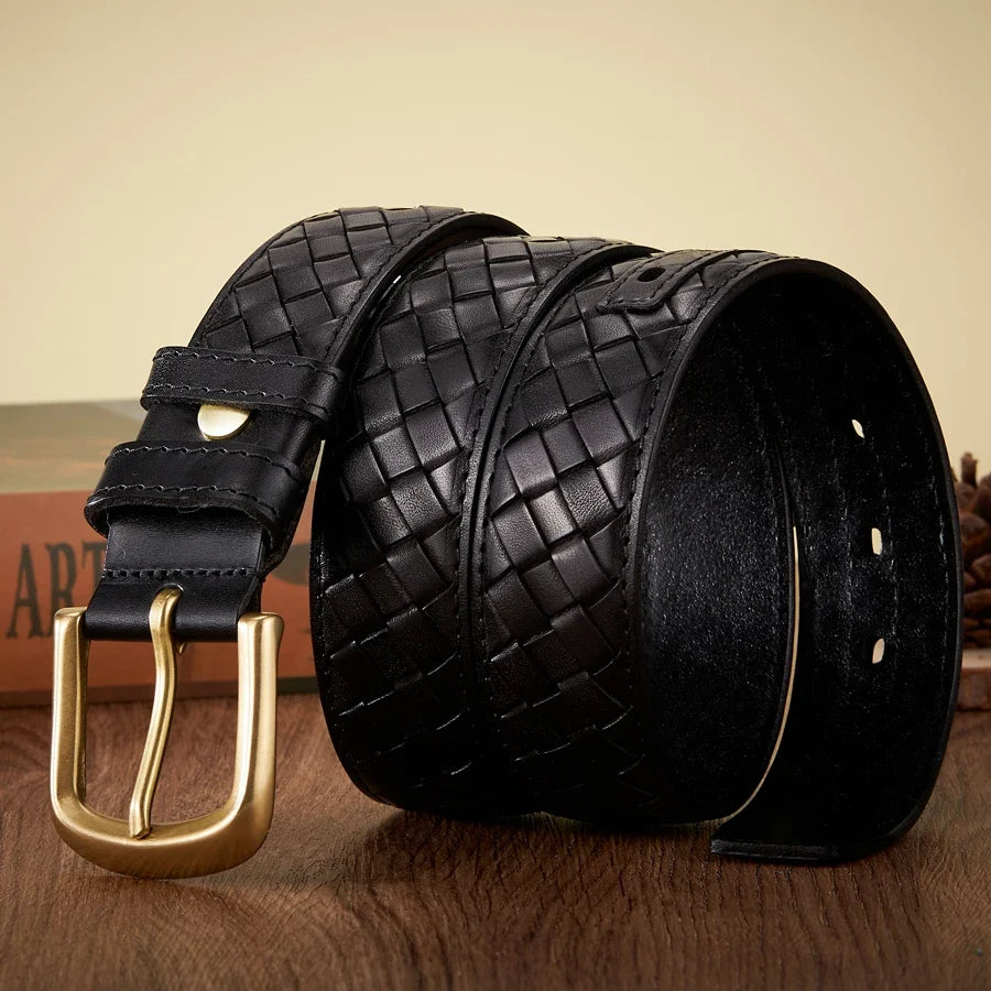 3.8cm Copper Buckle Designer Cowskin Real Genuine Leather Belts For Men Luxury Woven Cowboy Braided Male Strap for Jeans
