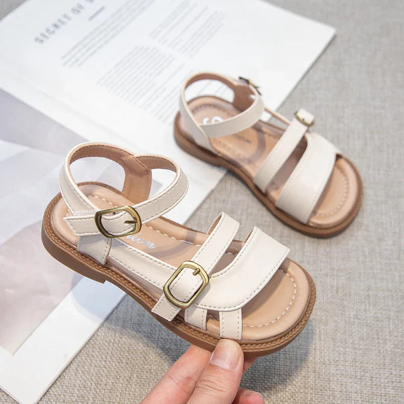 Girls Roman Sandals Open Toe Little Kids Leather Sandals with Buckle Open Toe Children Summer Beach Shoes Non-Slip Soft Sole