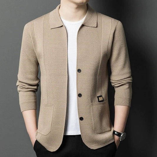 High-Quality Men's Knitted Cardigans Solid Color Simple Business Lapel Knitwear Coat Man Autumn New Long Sleeves Sweater Jacket