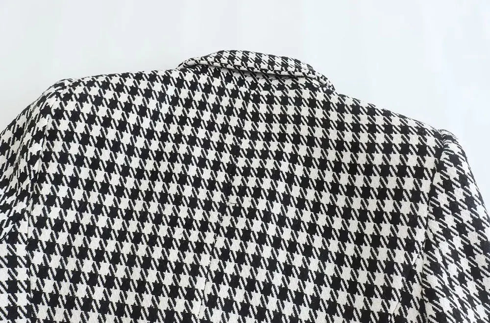 Women Fashion Double Breasted Houndstooth Blazer Coat Vintage Long Sleeve Flap Pockets Female Outerwear Chic Vestes
