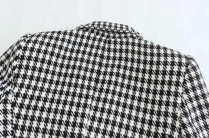 Women Fashion Double Breasted Houndstooth Blazer Coat Vintage Long Sleeve Flap Pockets Female Outerwear Chic Vestes