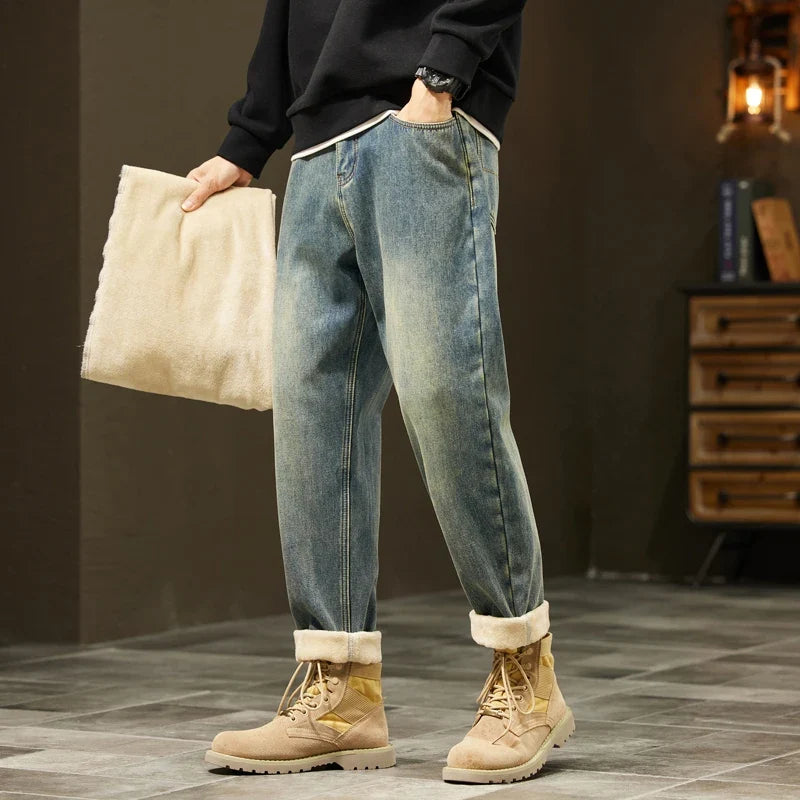 Retro Loose Winter Fleece Jeans Men's Warm Thicken Fashion Casual Denim Pants Comfortable Plush Velvet Thermal Male Trousers