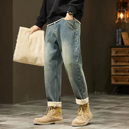 Retro Loose Winter Fleece Jeans Men's Warm Thicken Fashion Casual Denim Pants Comfortable Plush Velvet Thermal Male Trousers
