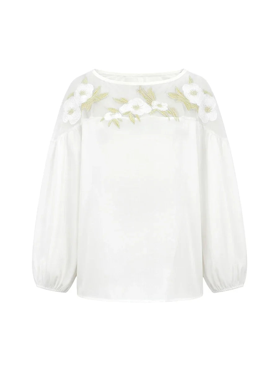 Bonboho Women's Sheer Floral Embroidered Shirt Top 2026 Spring New Puff Sleeves Loose Fit Blouse Female Elegant T-shirt