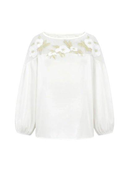 Bonboho Women's Sheer Floral Embroidered Shirt Top 2026 Spring New Puff Sleeves Loose Fit Blouse Female Elegant T-shirt