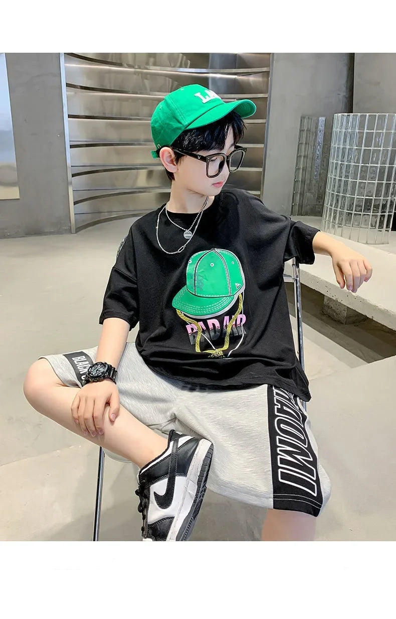 Summer Casual Boys Cotton Printed Short-Sleeved T-Shirt Tops+Short Pant Suit School Kids Tracksuit Children 2PCS Outfit 5-14 Yrs