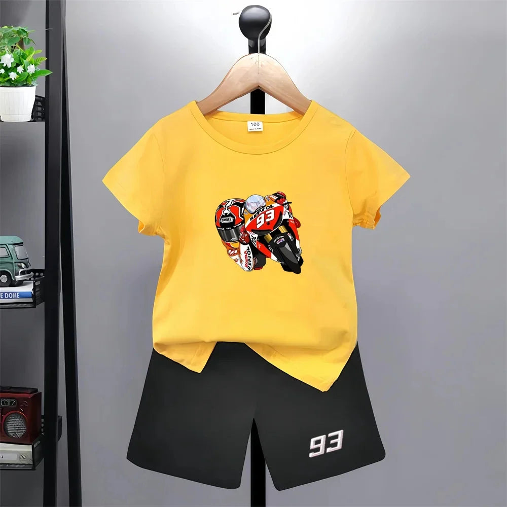 Summer Red Short Sleeve T Shirt + Shorts 2 Piece Motorcycle Race Car Number 93 Children Clothes Casual Boy Girl Kid Tracksuit