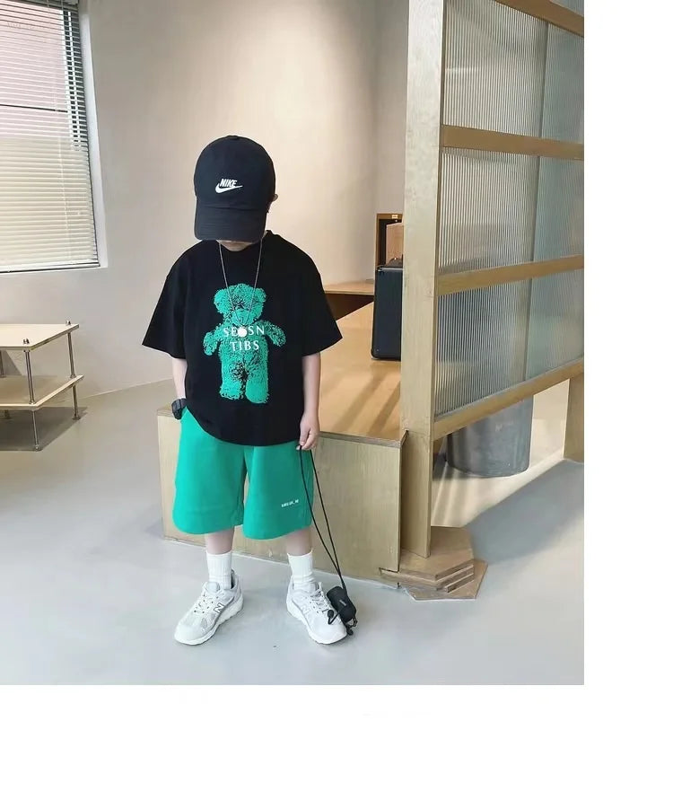 Summer Boys Cotton Cartoon Alphabet Short-Sleeved t-Shirt Tops+Short Pant Set School Kids Tracksuit Children 2PCS Outfit 3-16Yrs