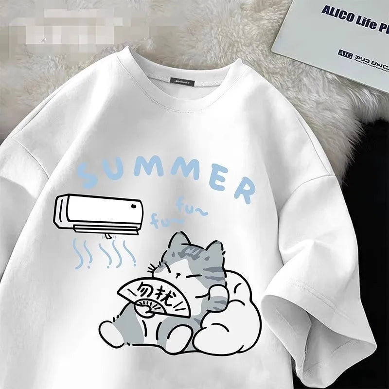 Summer Japanese Cartoon Cute Cat Funny Printed Short-sleeved T-shirt for Ladies and Boys Same Loose Casual Large-size Top