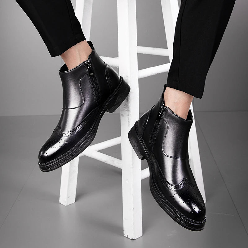 Male Winter Shoes Plush Warm Shoes Fashion Zipper Men's Basic Boots British Style Business Shoes Genuine Leather Chelsea Boots