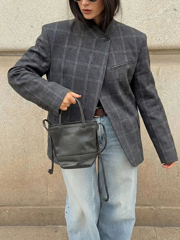 Women Fashion Plaid Blazer Coat Stand Collar Long Sleeve Jacket 2026 Spring Trend Casual Office Lady Chic Outerwear