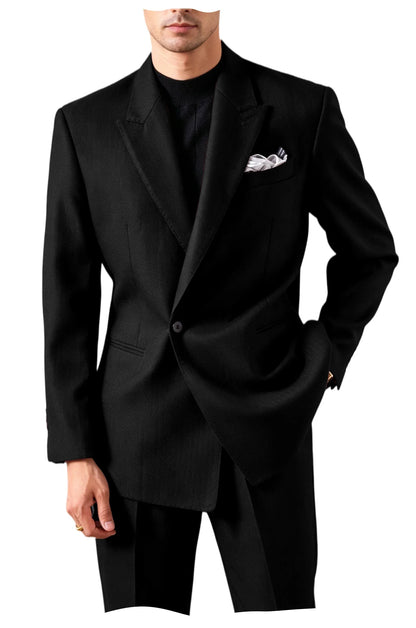 Men's Serge Tuxedo Suit Set One Button Peak Lapel Slim Fit 2 Piece Blazer Pants Casual Business Wedding Formal Outfit