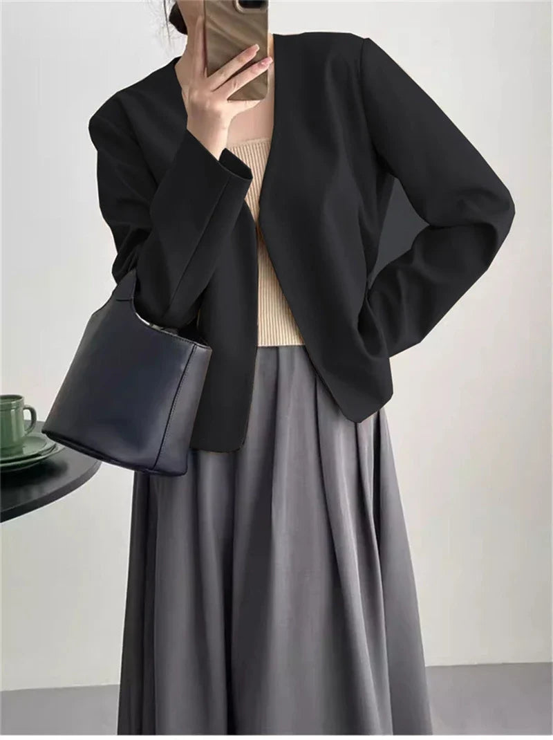 2025 Spring Autumn Fashion New Women's Suit Jackets Solid Short Coats Korean Blazers Long Sleeve Cardigan Coat Without Placket