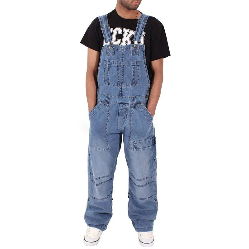 Multi Pocket Denim Overalls Suspenders Baggy Jeans Men'S Street Casual Work Pants Jumpsuits