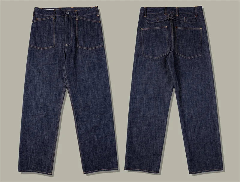Denim Railroad Pants High Waist Rugged Style Selvage Jeans Back Buckle