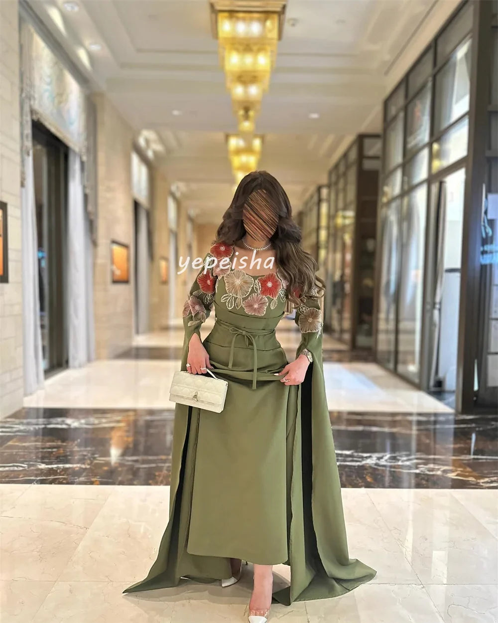 Customized Intricate Matching Jersey Flower Beading Sash A-line Square Neck Long Dresses Bespoke Occasion Dresses Exquisite Sexy