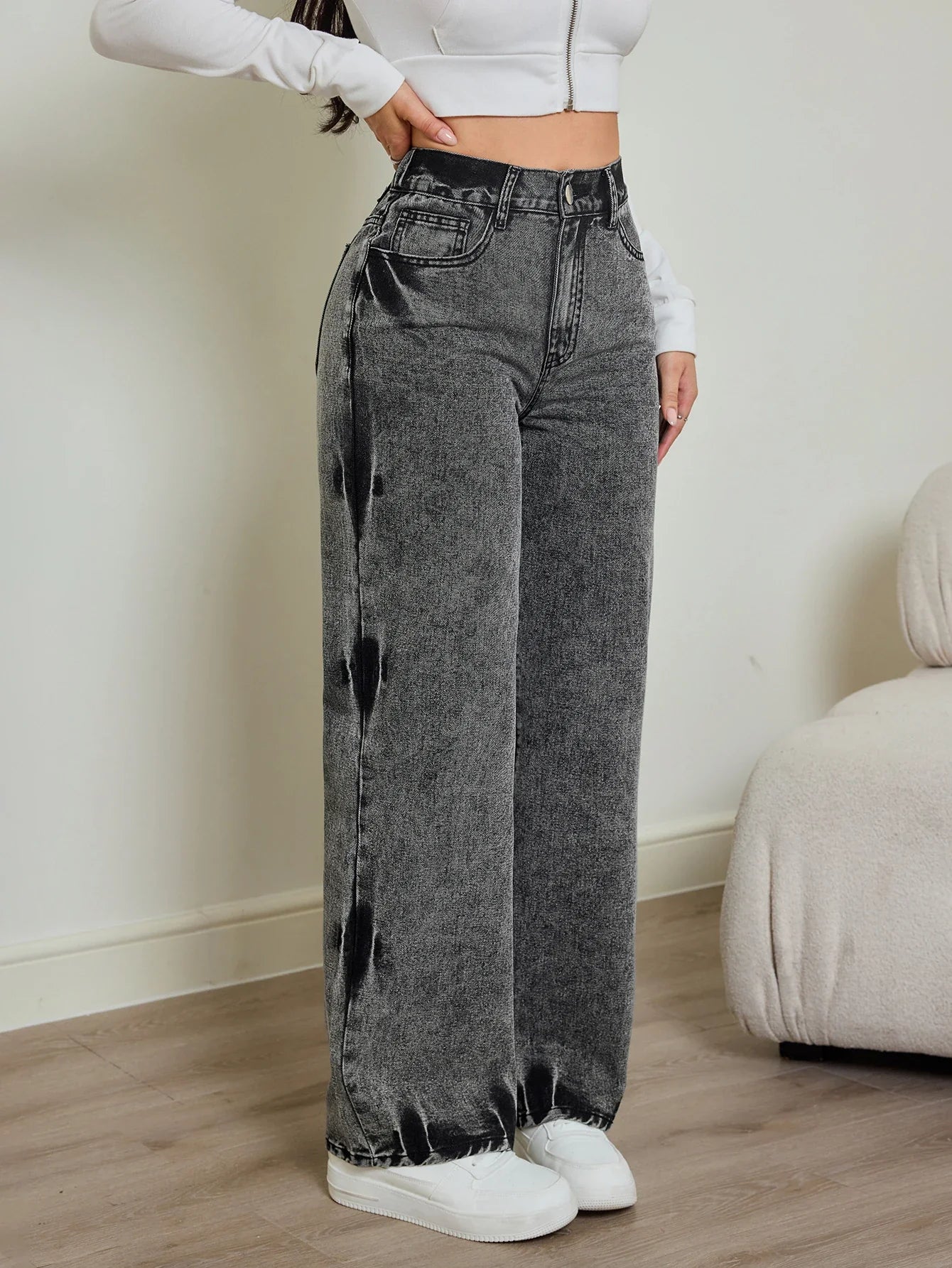 2025 autumn new women's jeans, tie-dye contrast washing, elastic waist, high waist straight jeans