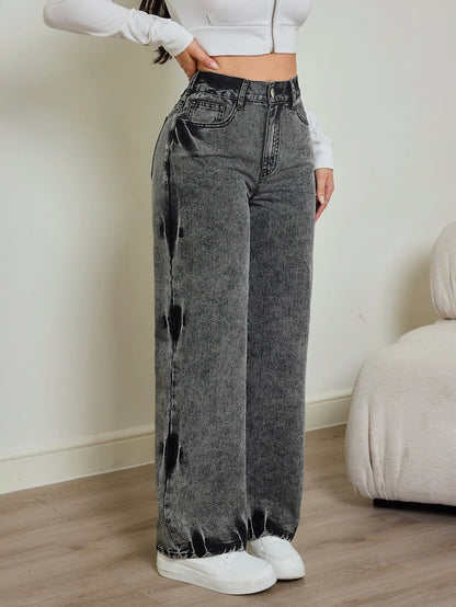 2025 autumn new women's jeans, tie-dye contrast washing, elastic waist, high waist straight jeans