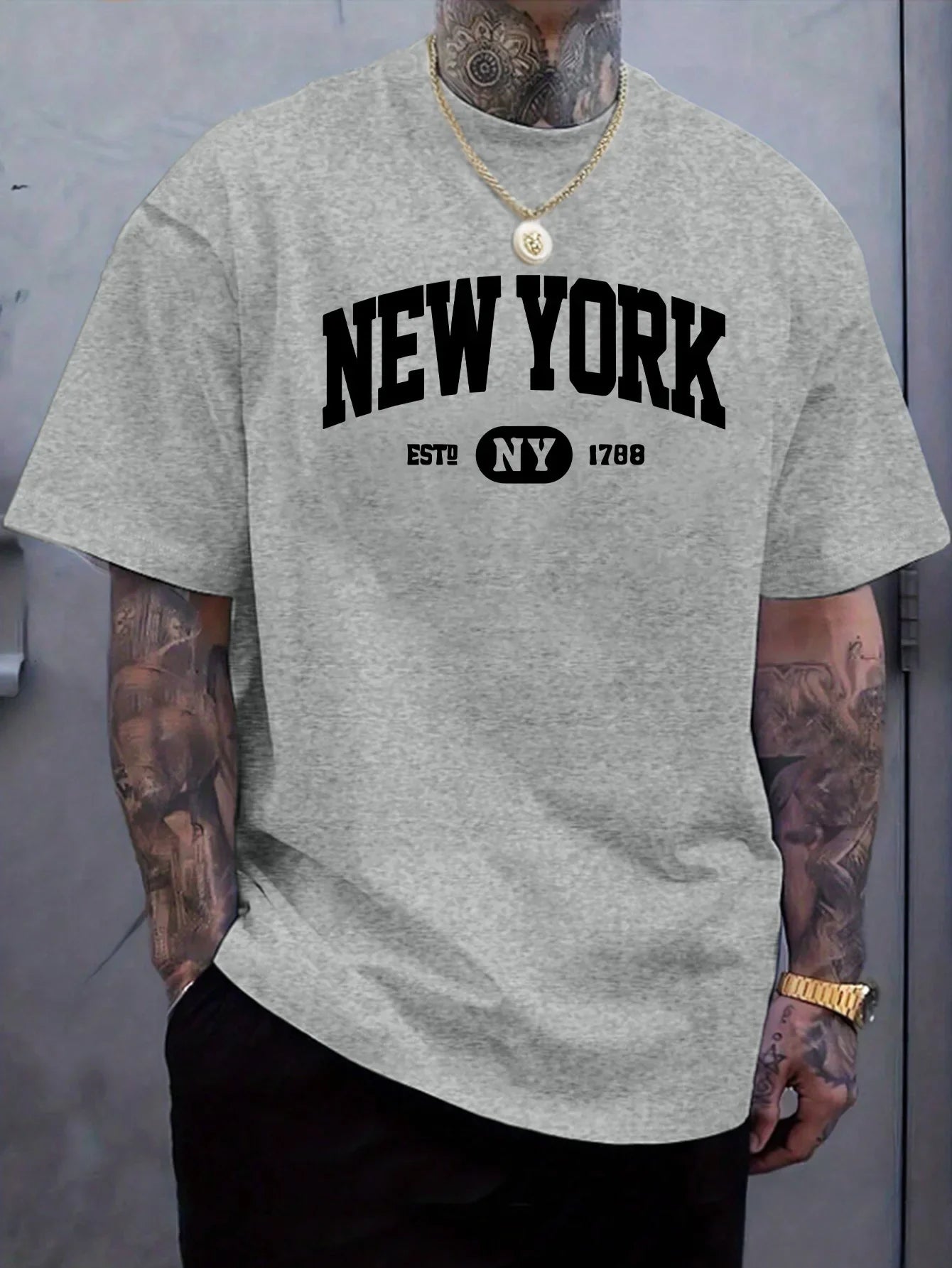 100% pure cotton men's casual loose and fashionable New York letter printed sports breathable short sleeved round neck T-shirt