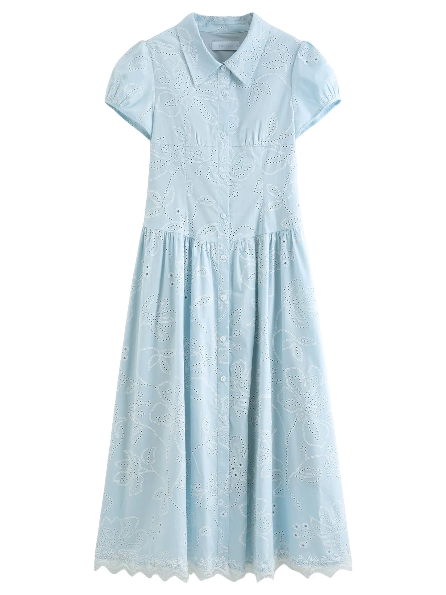 Women's Light French Style Cotton Lapel Hollow-out Print Waist-Fitted Short Sleeve Shirt Dress 2026 Summer New Arrival