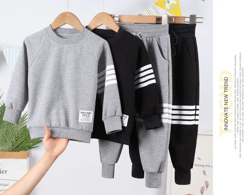 Spring Striped Baby Boys Workout Sweatshirt + Drawstring Sweatpant Sets Kids Tracksuit Child Jumper Pant Jogger Set 2-11 Years