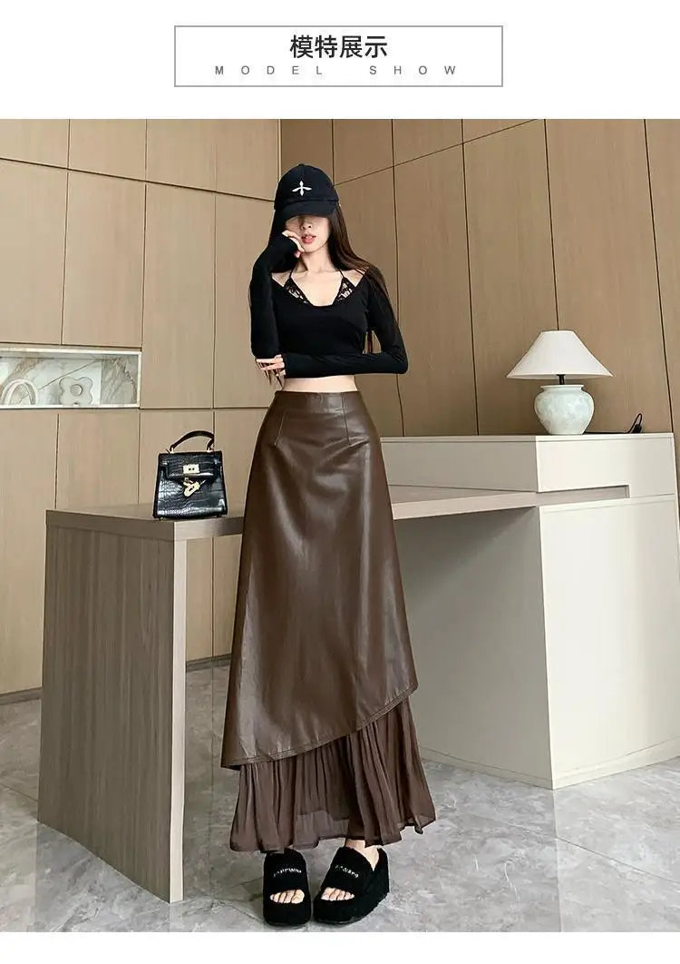 تنورة نسائية ريترو، تنورة طويلة بخصر عالٍ وقصة A-line بتصميم جديد للخريف المبكر من الجلد بخياطة غير متماثلة