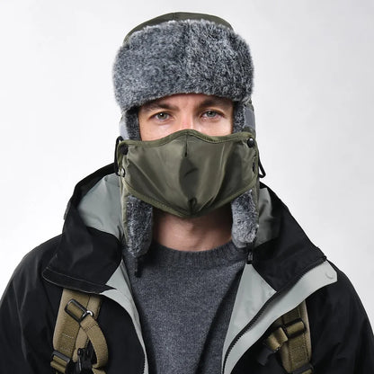 Men's Outdoor Fleece-Lined Thick Warm Reflective Strip Lei Feng Hat with Removable Mask Ear Flap Bomber Hat Winter Pilot Cap