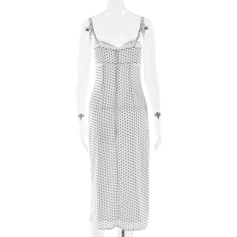 Polka Dot Spaghetti Strap Sexy Midi Dress Women Elegant Off-shoulder Backless Sleeveless Bodycon Club Party Dress