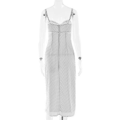 Polka Dot Spaghetti Strap Sexy Midi Dress Women Elegant Off-shoulder Backless Sleeveless Bodycon Club Party Dress