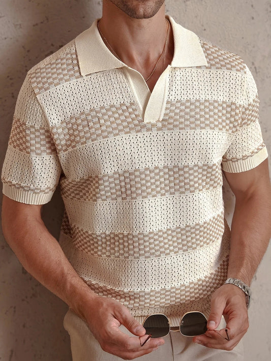Daily Casual Mens Knitted Polo Shirts 2026 Summer Fashion Striped Contrast Color Knit Pullovers Men Stylish Turn-down Collar Top