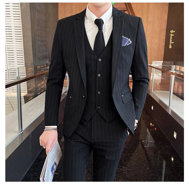 Winter Stripes Three-piece High-Grade Groom Wedding Suit with Vest And Trousers Business Fashion Handsome Casual Wedding Outfit