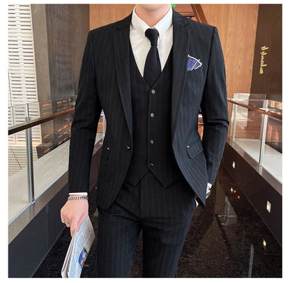 Winter Stripes Three-piece High-Grade Groom Wedding Suit with Vest And Trousers Business Fashion Handsome Casual Wedding Outfit