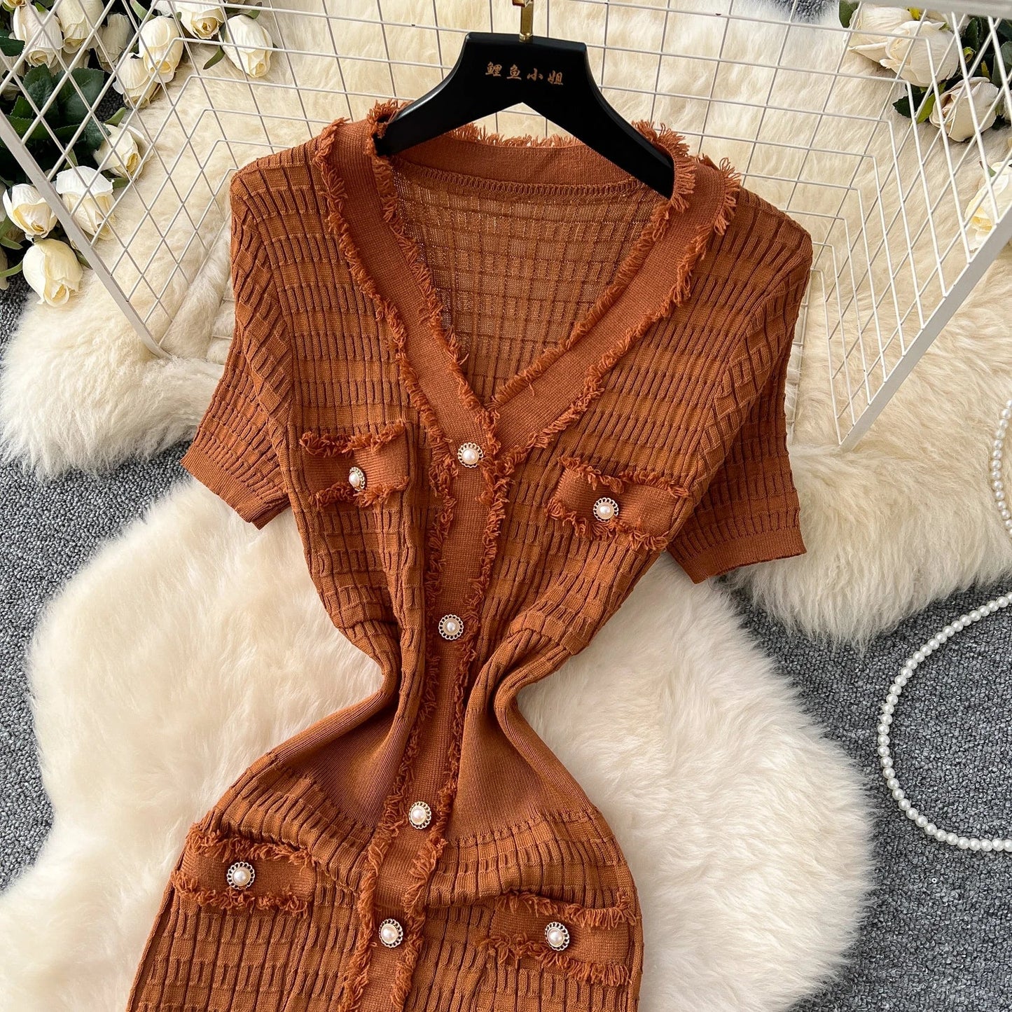 High Quality Elastic Knitted Long Sundress Women Short Sleeves Button Design Office Lady Vintage Split Slim Dress
