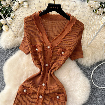High Quality Elastic Knitted Long Sundress Women Short Sleeves Button Design Office Lady Vintage Split Slim Dress