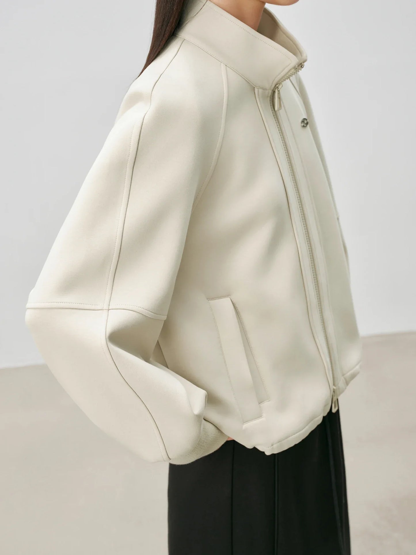 Stand Collar Women Casual Coats Oatmeal Zip-up Cropped Sweatshirt Jacket 2024 Autumn Cotton Short Sweatshirts 24ZQ94212