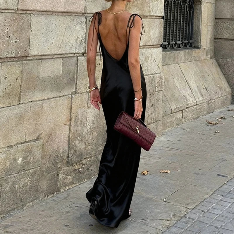 Women's Satin Champagne Dress Sleeveless Sexy Backless Evening Dresses Guest Elegant Bridesmaid Long Evening Gown