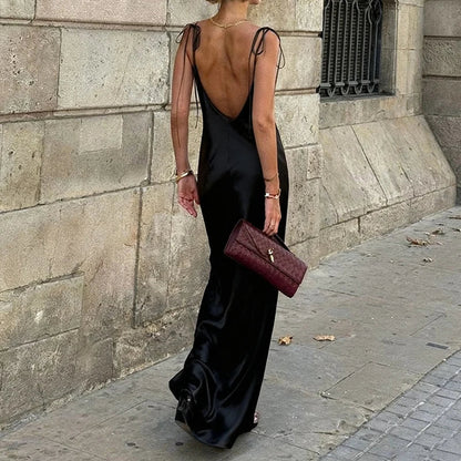 Women's Satin Champagne Dress Sleeveless Sexy Backless Evening Dresses Guest Elegant Bridesmaid Long Evening Gown
