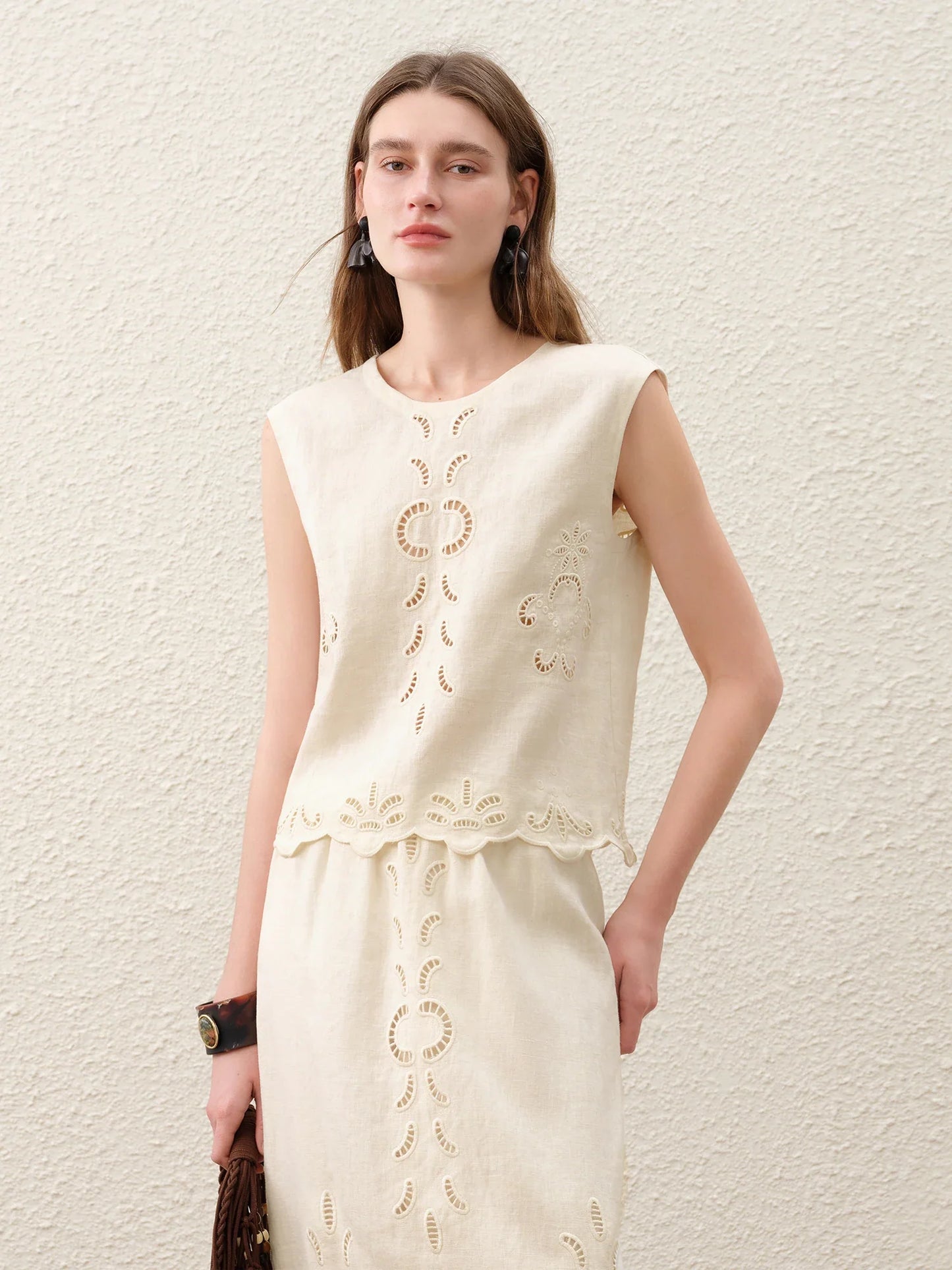 Summer Women Linen Two Piece Set Cut-Out Embroidered Sleeveless Top Midi Skirt Boho Beach Vacation Style