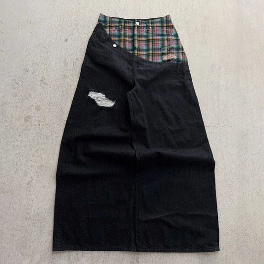Y2k Slanted Runway Baggy Jeans Retro Plaid Patchwork Men Women Wide Leg Pants American Hip Hop Streetwear Unisex Casual Jeans