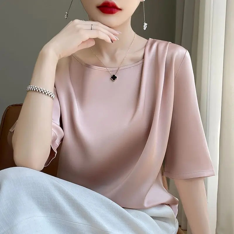Fashion Casual Loose Ladies Solid Color Silk Short Sleeve T-Shirt Simplicity Elegant Trend Temperament Pullovers O-neck