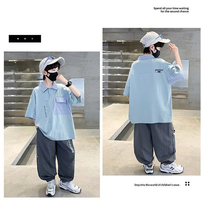 School Boys Fashion Summer Top And Bottom Clothes Set Polo Shirt + Pants 2 Pieces Clothing Suit Kids Children Casual Tracksuit