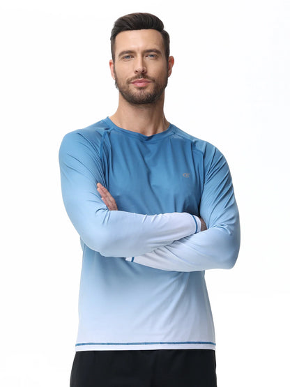 Summer Men's UPF 50+ Beach Swimming T-Shirt, Quick Dry Long Sleeve Fashion Gradient Rash Guard Tops for Sport Fishing Hiking